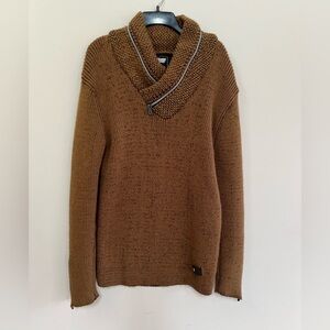 Leif Nelson Knit Pullover Sweater Shawl Collar Zipper Accents, Camel Brown, XL